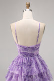 Purple A-line Spaghetti Straps Tiered Cut Out Floral Short Homecoming Dress
