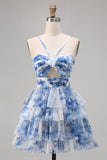 Green Floral Tiered Keyhole A Line Short Homecoming Dress