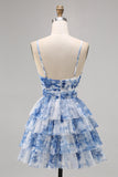 Purple A-line Spaghetti Straps Tiered Cut Out Floral Short Homecoming Dress
