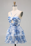 Purple A-line Spaghetti Straps Tiered Cut Out Floral Short Homecoming Dress