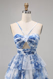 Purple A-line Spaghetti Straps Tiered Cut Out Floral Short Homecoming Dress