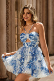 White Blue Flower Tiered Cut Out A-line Short Ball Dress