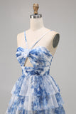 Purple A-line Spaghetti Straps Tiered Cut Out Floral Short Homecoming Dress