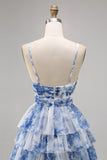 Purple A-line Spaghetti Straps Tiered Cut Out Floral Short Homecoming Dress