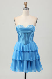 Blue Tiered Corset A Line Strapless Short Homecoming Dress