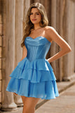 Strapless Yellow Corset A Line Tiered Short Cocktail Dress
