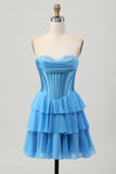 Strapless Fuchsia Corset Tiered A Line Short Cocktail Dress