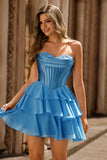 Blue Strapless Corset Tiered A-Line Short Ball Dress