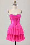 Strapless Fuchsia Corset Tiered A Line Short Cocktail Dress