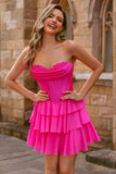 Strapless Fuchsia Corset Tiered A Line Short Cocktail Dress