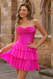 Strapless Fuchsia Corset Tiered A Line Short Cocktail Dress