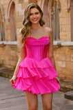 Strapless Fuchsia Corset Tiered A Line Short Cocktail Dress