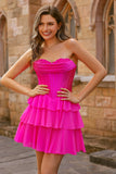 Strapless Fuchsia Corset Tiered A Line Short Cocktail Dress