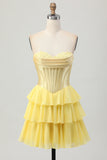 Strapless Fuchsia Corset Tiered A Line Short Cocktail Dress