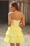 Strapless Yellow Corset A Line Tiered Short Cocktail Dress