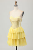 Blue Tiered Corset A Line Strapless Short Homecoming Dress