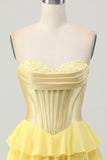 Blue Tiered Corset A Line Strapless Short Homecoming Dress