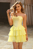 Strapless Yellow Corset A Line Tiered Short Cocktail Dress