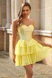 Strapless Yellow Corset A Line Tiered Short Cocktail Dress