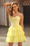 Strapless Yellow Corset A Line Tiered Short Cocktail Dress