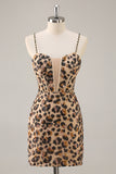 Kahki Leopard Corset Bodycon Short Cocktail Dress with Sequins