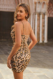 Kahki Leopard Corset Bodycon Short Cocktail Dress with Sequins