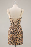 Kahki Leopard Corset Bodycon Short Cocktail Dress with Sequins