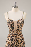 Kahki Leopard Corset Bodycon Short Homecoming Dress with Sequins