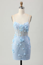 Blue Bodycon Corset Sequins Short Homecoming Dress with 3D Flowers