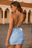 Blue Corset Sequins Floral Bodycon Short Ball Dress