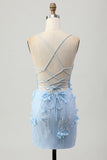 Blue Bodycon Corset Sequins Short Homecoming Dress with 3D Flowers