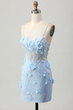 Blue Bodycon Corset Sequins Short Homecoming Dress with 3D Flowers