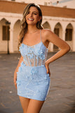 Blue Corset Sequins Floral Bodycon Short Ball Dress