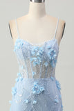 Blue Bodycon Corset Sequins Short Homecoming Dress with 3D Flowers