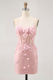 Blue Corset Sequins Floral Bodycon Short Ball Dress
