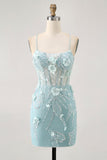 Blue Corset Sequins Floral Bodycon Short Ball Dress