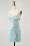 Blue Corset Sequins Floral Bodycon Short Ball Dress