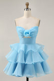 Blush A-Line Strapless Tiered Cocktail Dress with 3D Flowers