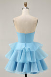 Blush A-Line Strapless Tiered Cocktail Dress with 3D Flowers