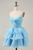 Blush A-Line Strapless Tiered Cocktail Dress with 3D Flowers