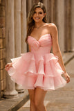 Blush A-Line Strapless Tiered Cocktail Dress with 3D Flowers