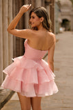 Blush A-Line Strapless Tiered Cocktail Dress with 3D Flowers