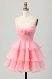 Cute Blush A-Line Strapless Cut Out Tiered Short Homecoming Dress