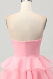 Cute Blush A-Line Strapless Cut Out Tiered Short Homecoming Dress