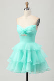 Blush A-Line Strapless Tiered Cocktail Dress with 3D Flowers