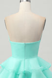 Cute A-line Strapless Cut Out Tiered Green Short Homecoming Dress