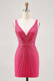 Fuchsia V-Neck Beaded Bodycon Short Ball Dress