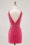 Fuchsia V-Neck Beaded Bodycon Short Ball Dress