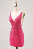 Fuchsia V-Neck Beaded Bodycon Short Ball Dress