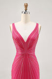 Fuchsia V-Neck Beaded Bodycon Short Ball Dress